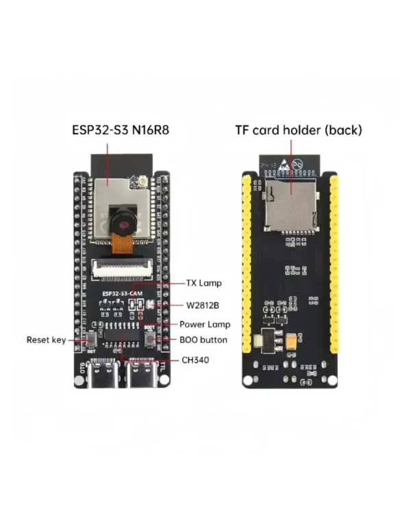 ESP32-S3 N16R8 CAM Development Board with 16MB Flash and 8MB PSRAM 2 Sided View With Details.