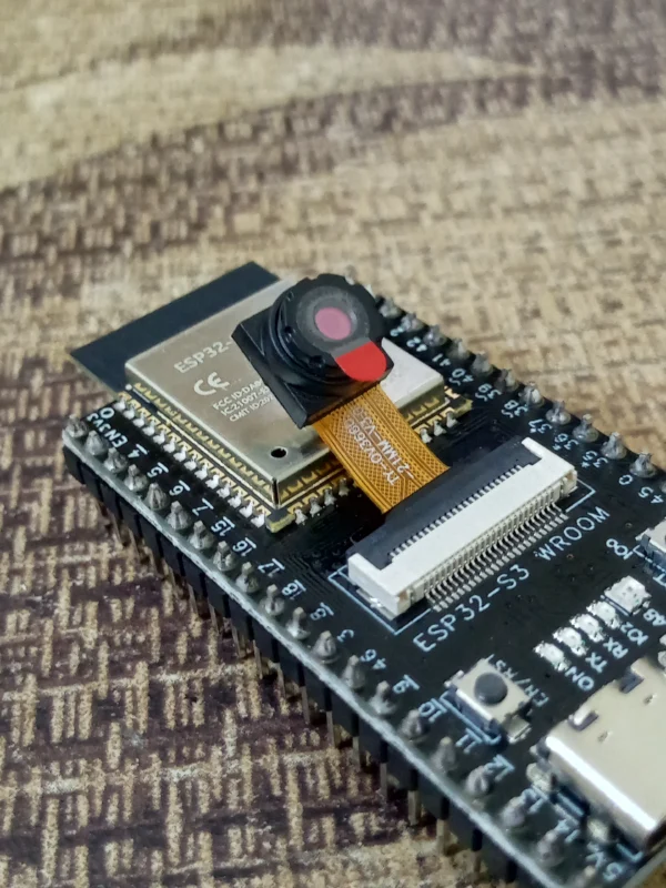 Close-up of OV3660 camera sensor on ESP32-S3 CAM board for AI vision and face recognition projects