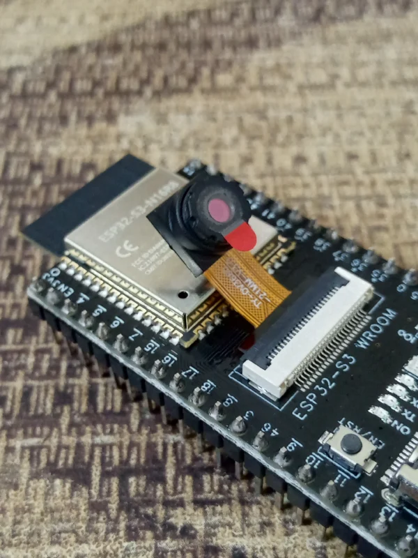 Close-up of OV3660 camera sensor on ESP32-S3 CAM board for AI vision and face recognition projects